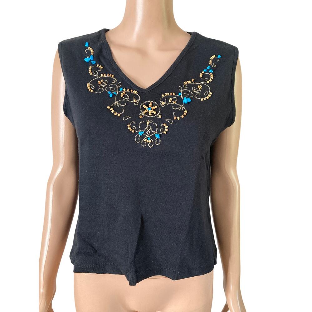 Allyson Whitmore Black Beaded Top Womens PL Sleeveless Embellished Blouse